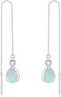 wholesale 925 Sterling Silver 12 Birthstone Infinity Threader Drop Earrings for Women-10-October-White Opal