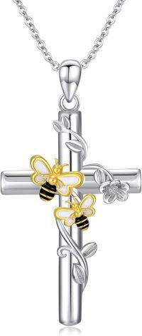 wholesale 925 Sterling Silver Cross with Bees and Leaves Charm Necklace for Women Girls  925 Sterling Silver Chain Length Adjustable from 46cm to 73cm-Bee