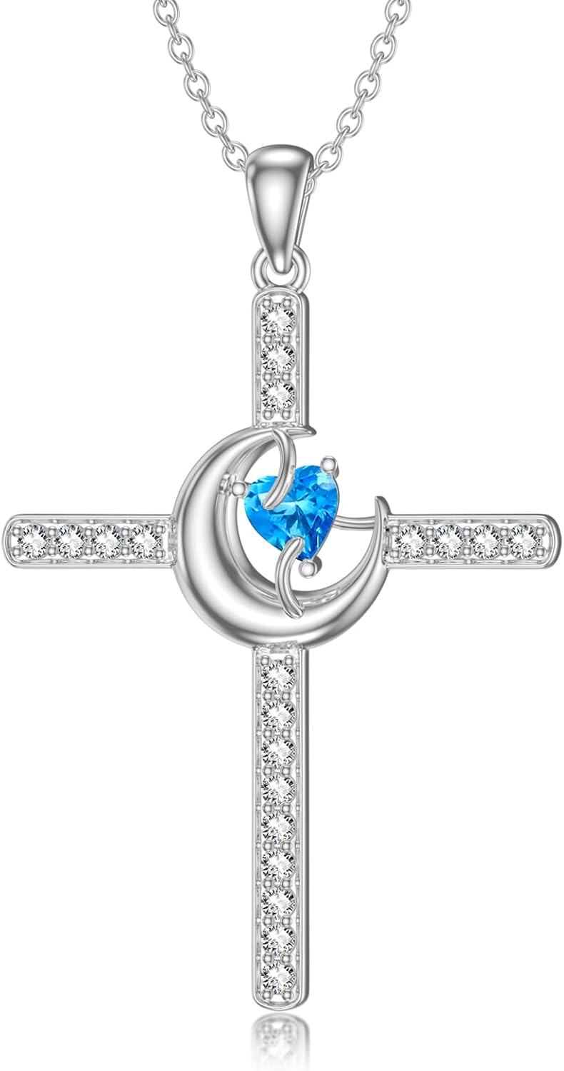 wholesale 925 Sterling Silver Blue Heart Moon & Star CZ Cross Pendant Necklace for Men/Women - Christian  Set with Chain (Silver)-0-0
