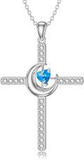 wholesale 925 Sterling Silver Blue Heart Moon & Star CZ Cross Pendant Necklace for Men/Women - Christian  Set with Chain (Silver)-0-0