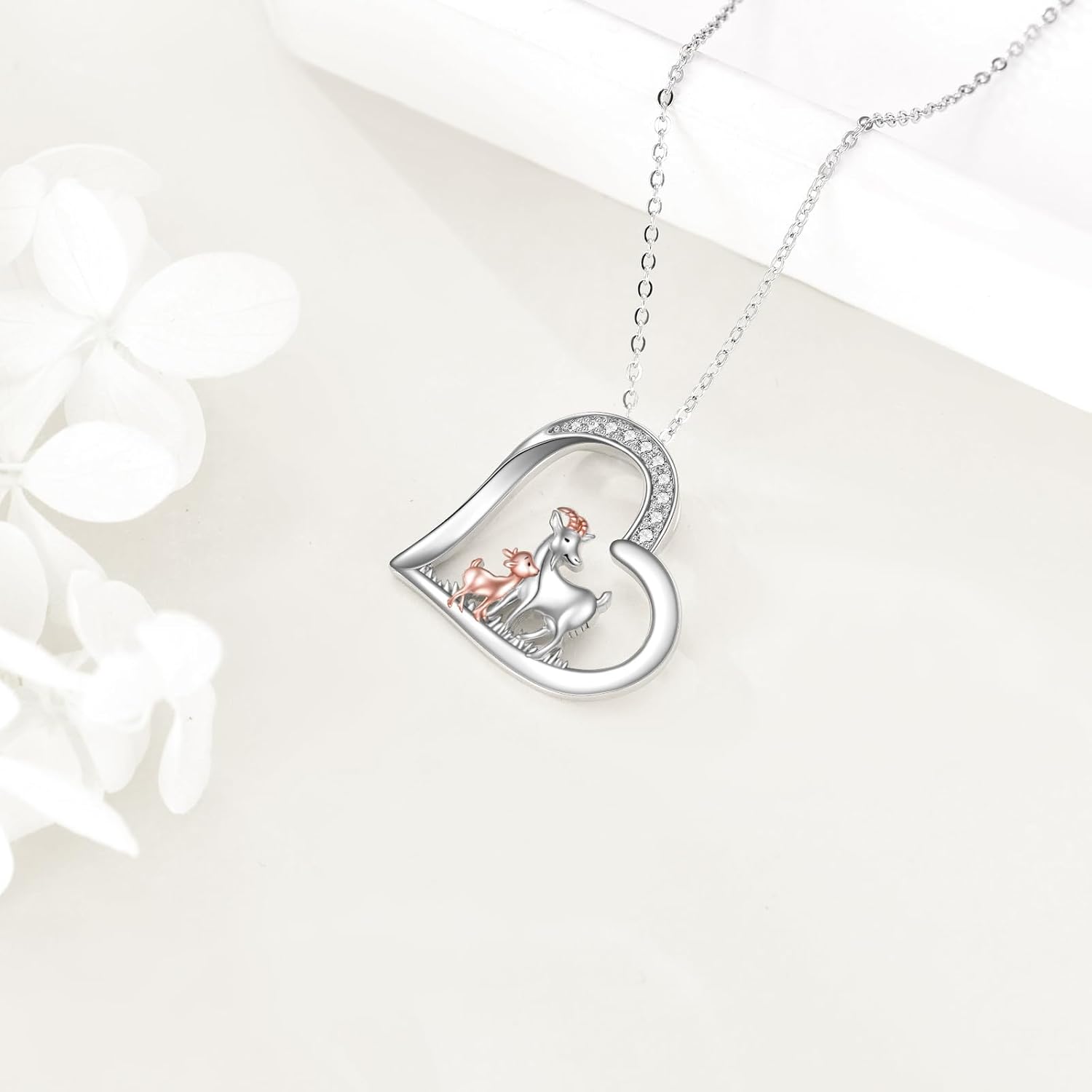 wholesale 925 Sterling Silver Goat Family Heart Pendant Necklace s for Women Animal Lovers-0-2