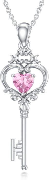 wholesale Metal Stone Birthstone Key Pendant Necklace Gift for Women-October(Pink Tourmaline)