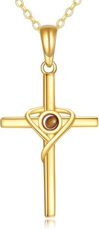 wholesale 14K Gold Solid Heart Pendant with Brown Stone and Cross Design Necklaces for Women - First Communion Gift Ideas-Mustard Seed Cross 02