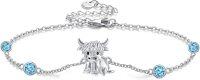 wholesale 925 Sterling Silver Birthstone Highland Cow Link Bracelet Western Jewelry Gift-03-Mar-Aquamarine