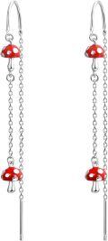wholesale 925 Sterling Silver Mushroom Drop Earrings Red Cap White Spots Chain  for Women Girls-0-0