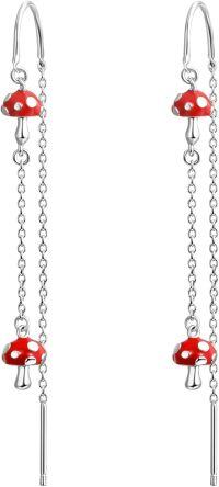 wholesale 925 Sterling Silver Mushroom Drop Earrings Red Cap White Spots Chain  for Women Girls-Double Mushroom