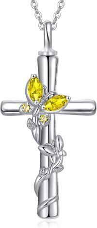 wholesale 925 Sterling Silver White Gold Plated Butterfly Cross Urn Necklace w Birthstone for Ashes Memorial Jewelry-Butterfly Cross Urn-Nov