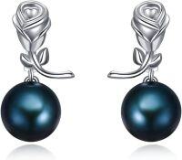 wholesale 925 Sterling Silver Black Freshwater Pearl Rose Drop Earrings for Women-Rose Dangle-1