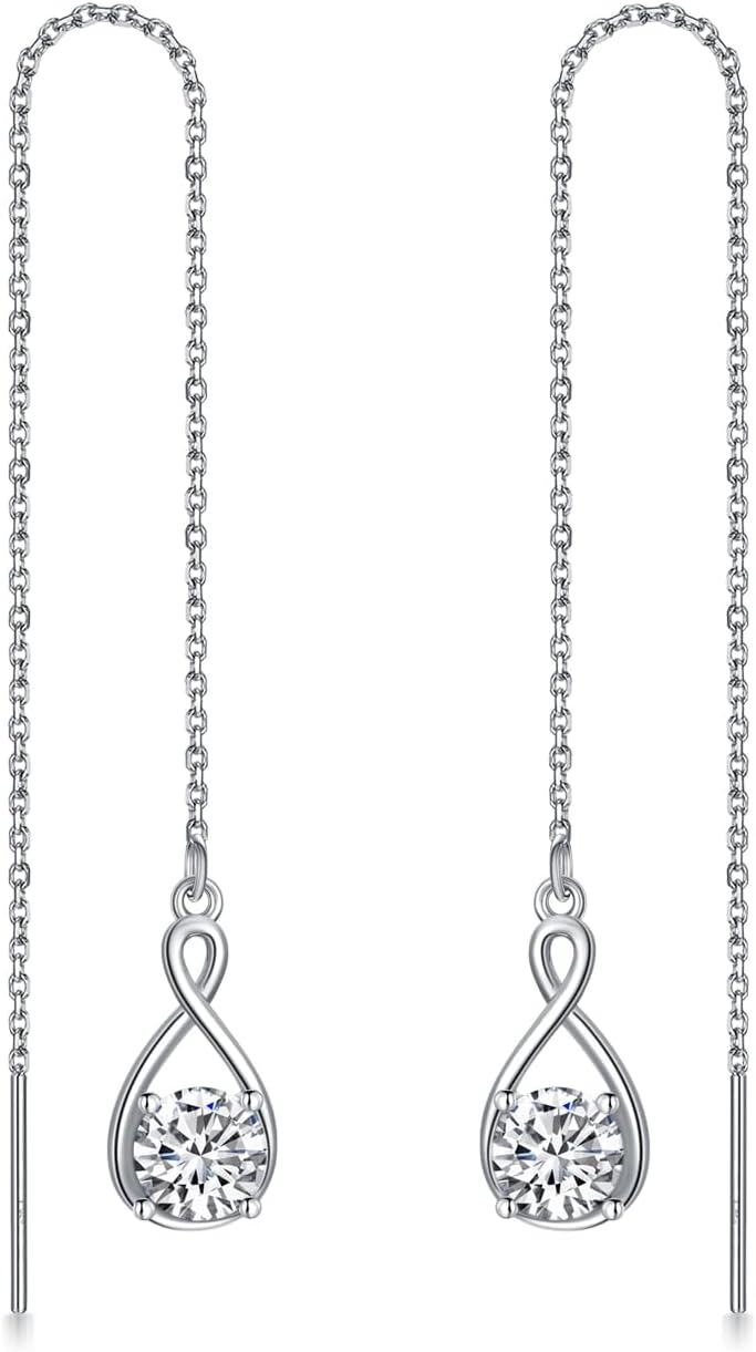  Sterling Silver Birthstone Threader Earrings Infinity Long Chain Drop Pull Through 12 Stone Birthday Jewelry Gifts for Women -04-Apri-White