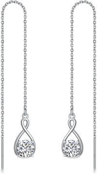 wholesale 925 Sterling Silver Birthstone Threader Earrings Infinity Long Chain Drop Pull Through 12 Stone Birthday Jewelry Gifts for Women-04-Apri-White