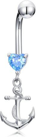 wholesale 925 Sterling Silver Anchor Belly Button Ring with Blue Heart Stone Navel Piercing Jewelry for Women Gifts-0-0