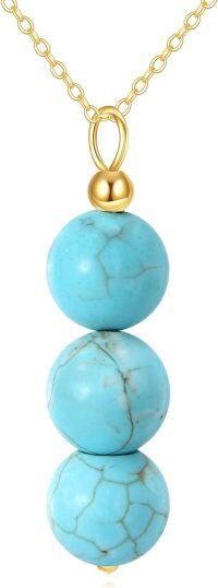 wholesale 14K Gold Turquoise Stone Round Beads 14K Gold  Chain Pendant Necklaces for Women Gifts-Blue Turquoise