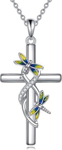 wholesale 925 Sterling Silver Cross with Dragonfly and Cubic Zirconia Pendant Necklace Religious Jewelry Christian Gift for Her-Dragonfly