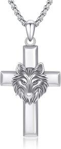 wholesale 925 Sterling Silver &  Wolf Head on Cross Pendant Necklace-0-0