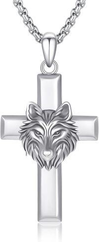 wholesale 925 Sterling Silver &  Wolf Head on Cross Pendant Necklace-Wolf Cross Necklace
