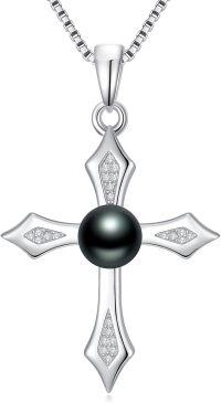 wholesale TOUPOPcross-shaped Black Pearl Necklace For Women Sterling Silver Black Pearls Necklace Gifts For Sister Birthday Anniversary Jewelry Valentine Christmas Gifts For Women Wife Her -undefined
