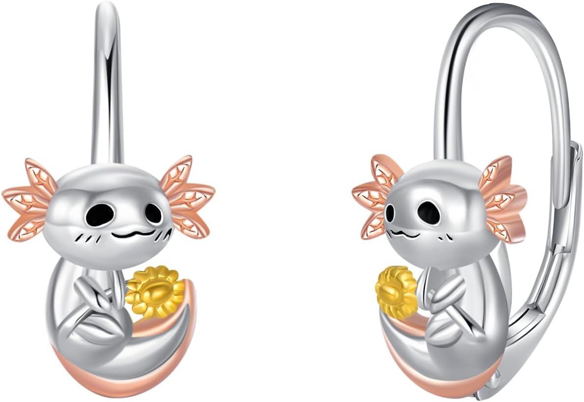 Sterling Silver Skull Stud Earrings with Lotus Hummingbird Squirrel Cow Gift for Women Men-Axolotl Sunflower