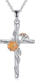 wholesale 925 Sterling Silver Orange Poppy Birth Flower Cross Pendant Necklace for Women-0-0
