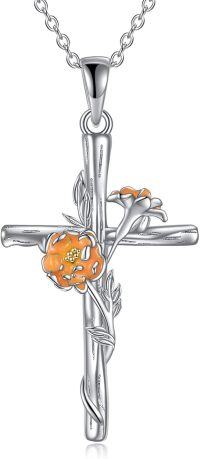 wholesale 925 Sterling Silver Orange Poppy Birth Flower Cross Pendant Necklace for Women-Marigold cross necklace-October Birth Flower