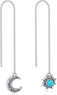 wholesale 925 Sterling Silver Threader Earrings for Women - Long Chain Sun & Moon Tassel Earrings with Turquoise Stone Fashion Hypoallergenic Jewelry-Moon Sun Turquoise