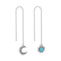 wholesale 925 Sterling Silver Threader Earrings for Women - Long Chain Sun & Moon Tassel Earrings with Turquoise Stone Fashion Hypoallergenic Jewelry-Moon Sun Turquoise
