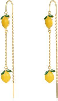 wholesale 925 Sterling Silver Yellow Lemon Drop Earrings for Women  3D Fruits Charm Long Chain Hanging Novelty Accessories-Lemon