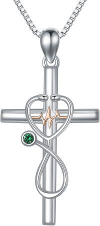 wholesale 925 Sterling Silver Birthstone Stethoscope Cross Necklace for Nurse Doctor RN-05-May-Emerald