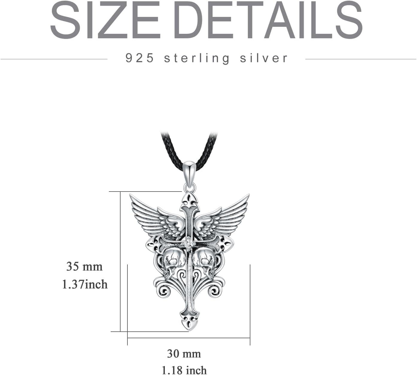 925 Sterling Silver Gothic Skull Wings Cross Pendant Necklace s for Men/Women-0-4