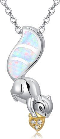 wholesale 925 Sterling Silver White Opal Acorn Squirrel Pendant Necklace for Women and Girls-Opal