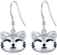 wholesale 925 Sterling Silver Smiling Cat Face Drop Earrings with Cubic Zirconia Accents-Cat Earrings