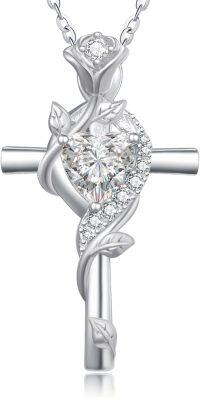 wholesale Sterling Silver Rose Cross Pendant Necklace for Women-White Gold-4-Simulated Diamond-White Gold-4-Simulated Diamond