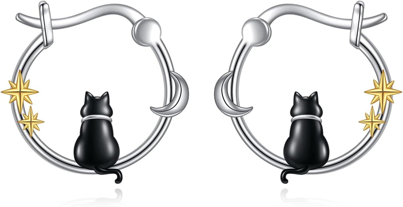 Sterling Silver Animal Hoop Earrings Fox Bear Penguin Axolotl Octopus Raccoon Christmas Gifts for Women-black cat hoops