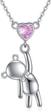 wholesale 925 Sterling Silver Heart-Shaped Pink Crystal Teddy Bear Charm Necklace - Adorable Gifts for Her-Teddy Bear 2