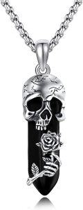 wholesale 925 Sterling Silver Black Crystal Skull Rose Pendant Necklace-0-0