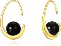 wholesale Gold-Plated 925 Sterling Silver Black Onyx Crescent Moon Hoop Earrings - Vintage Filigree  for Women-Black Onyx-01