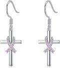 wholesale 925 Sterling Silver Cross with Pink Ribbon Breast Cancer Awareness Dangle Earrings-0-0
