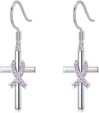 wholesale 925 Sterling Silver Cross with Pink Ribbon Breast Cancer Awareness Dangle Earrings-style 3