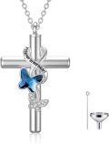 wholesale 925 Sterling Silver 925 Blue Crystal Butterfly Cross Cremation Jewelry Funnel Kit Memorial Ashes Holder Keepsake Urn Necklace for Women Men-0-0