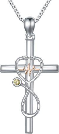 wholesale 925 Sterling Silver Birthstone Stethoscope Cross Necklace for Nurse Doctor RN-11-November-Citrine