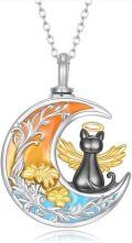 wholesale 925 Sterling Silver 925 Angel Cat Moon Pendant Necklace w/Enamel & Halo Design for Pet Ashes Keepsake Jewelry-0-0