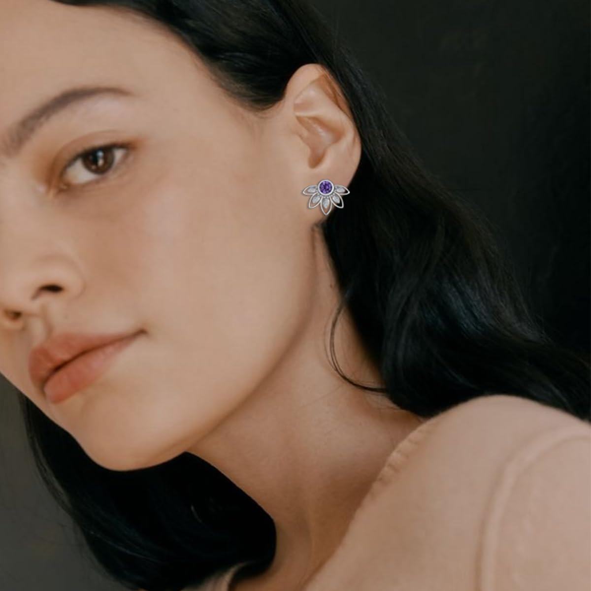 Sterling Silver Amethyst Flower Stud Earrings for Women Girls Mum Gifts-0-3