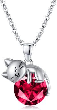 wholesale 925 Sterling Silver Cat Mom Baby Sleeping With Yellow Crystal Pendant Necklace-July