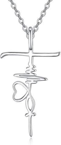 wholesale 925 Sterling Silver Hypoallergenic Nurse Cross Heartbeat Necklace Gift for Women-2-Silver