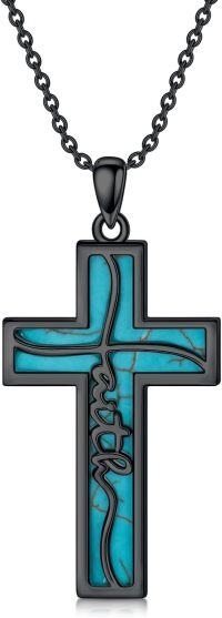wholesale  Sterling Silver Genuine Gemstone Faith Cross Necklace for Women -A4-Natural Turquoise-Black Gold Color