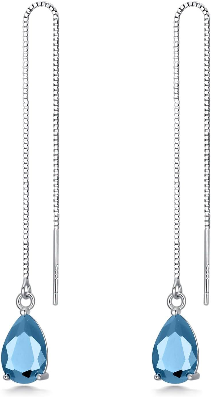 Sterling Silver Birthstone Crystal 11 8mm Threader Drop Long Chain Earrings-Aquamarine Blue