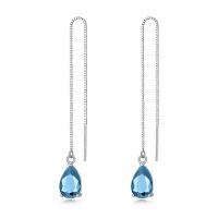 wholesale 925 Sterling Silver Birthstone Crystal 11 8mm Threader Drop Long Chain Earrings-Aquamarine Blue