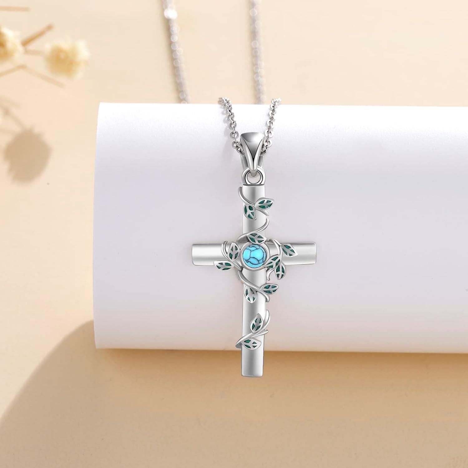 wholesale 925 Sterling Silver Cross with Turquoise and Leaf Design Necklace for Women-0-3