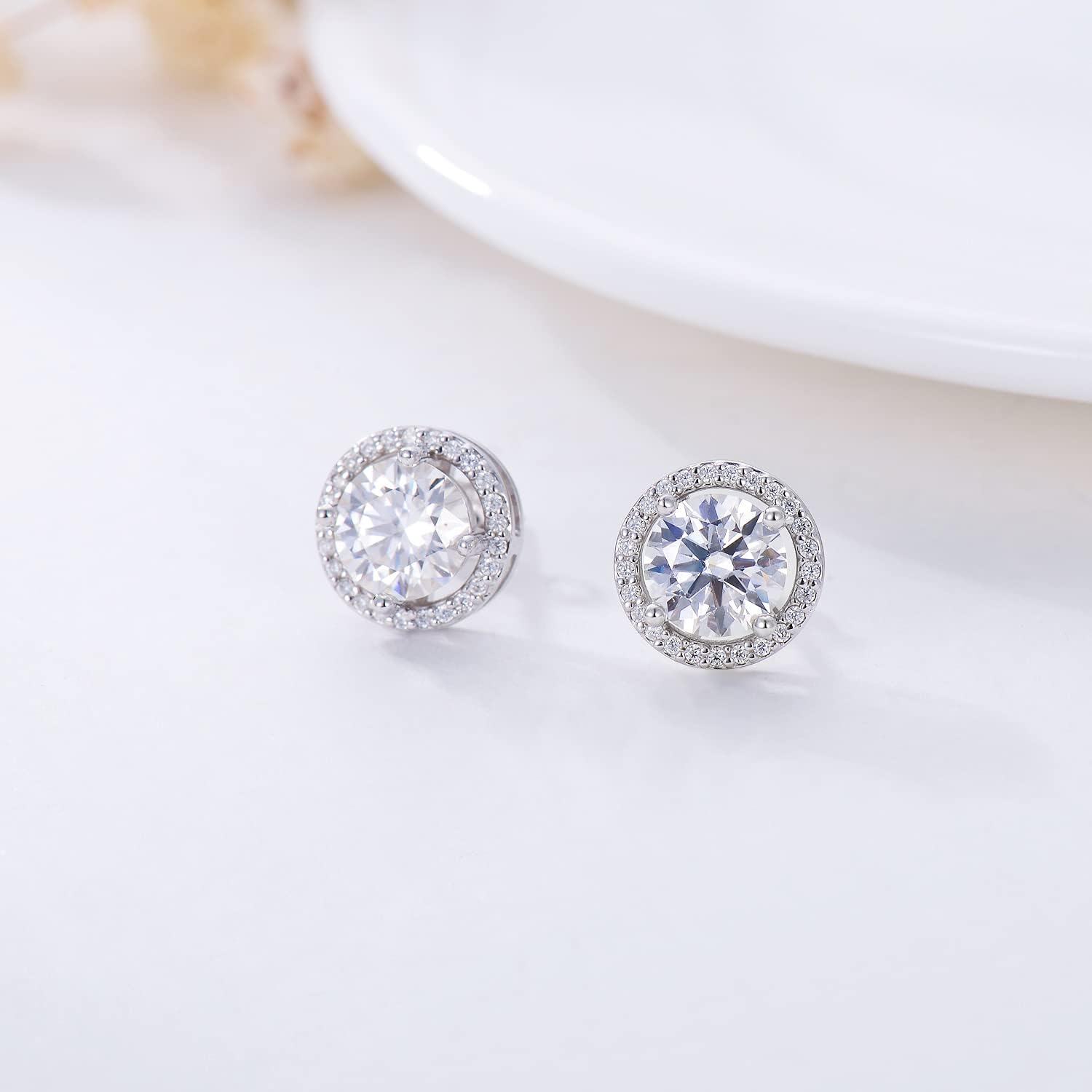 18K White Gold Plated Silver Moissanite 2ct D Color Brilliant Round Cut Halo Stud Earrings-0-3