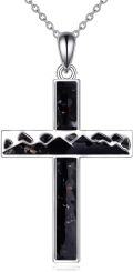 wholesale 925 Sterling Silver Black Agate Inlay Mountain Design Cross Pendant Necklace for Women Christian s-0-0