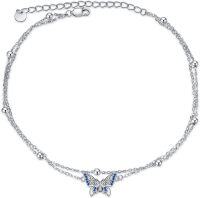wholesale 925 Sterling Silver Blue Crystal Butterfly Charm Ankle Anklet for Women-Butterfly Double Anklet